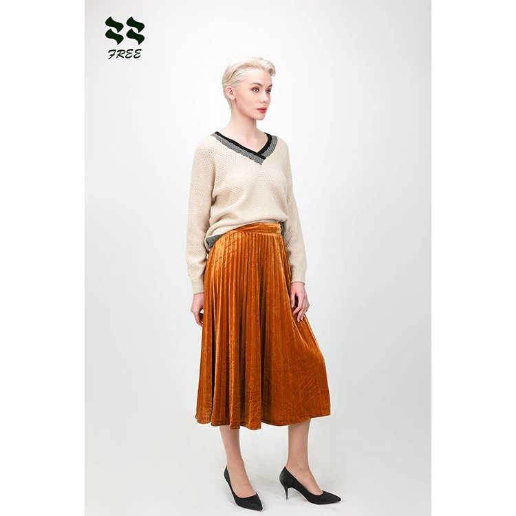 Bright Color Velvet Pleated Maxi Skirt With Zipper